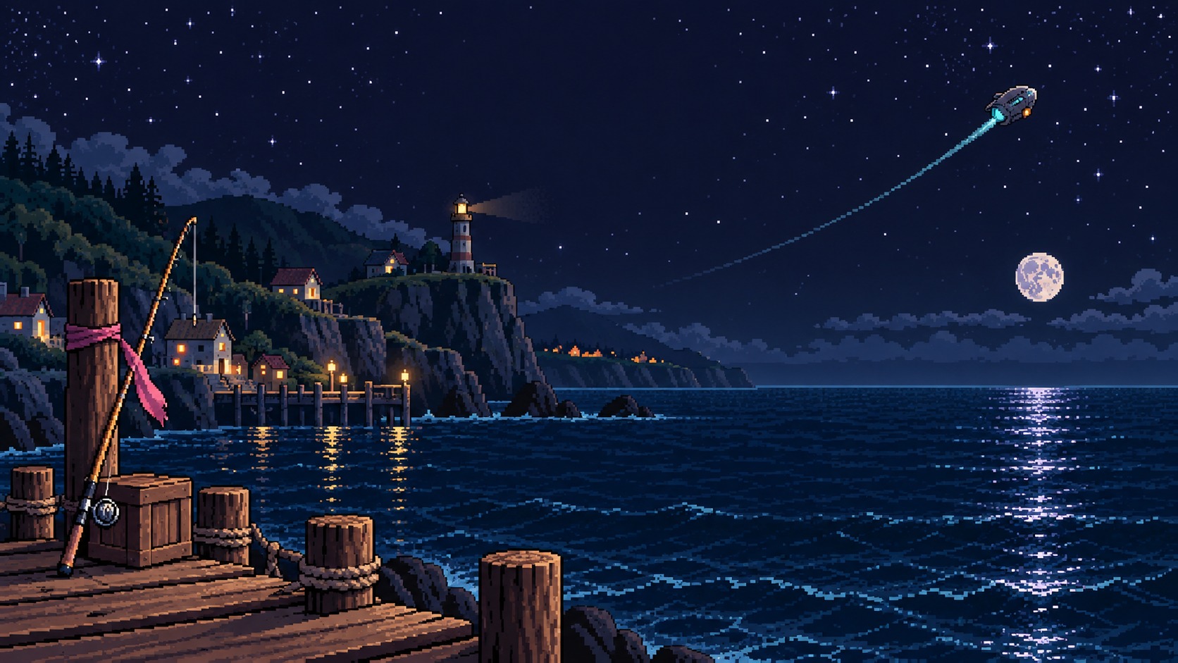 Arte de Deep Space Fishing: um cais de pesca sob o céu estrelado, com uma nave partindo ao longe