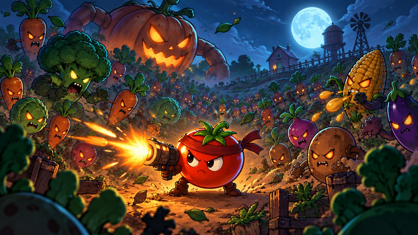 Arte de Salad Survivors: um tomate enfrenta uma horda de vegetais sob a luz da lua